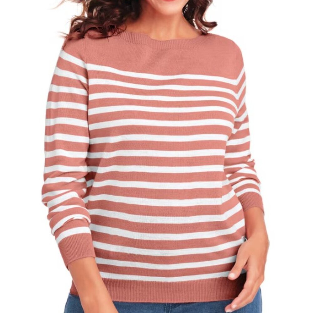 NEW Salmon Striped Sz XL Casual or Dress Lightweight Boat Neck Pullover Sweater
